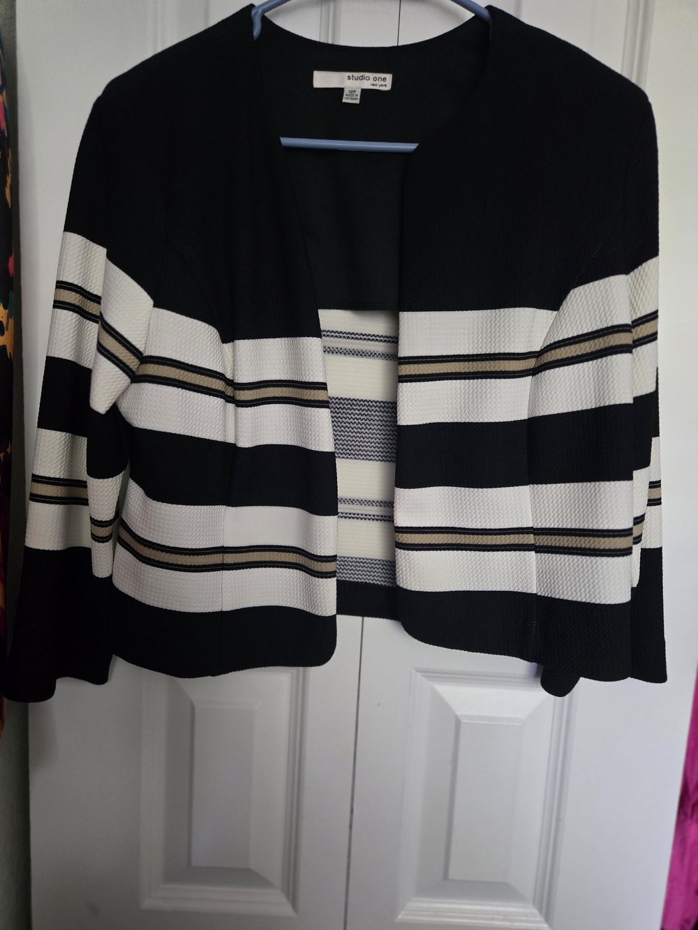 Studio One Black and White Striped Open Cardigan Sweater